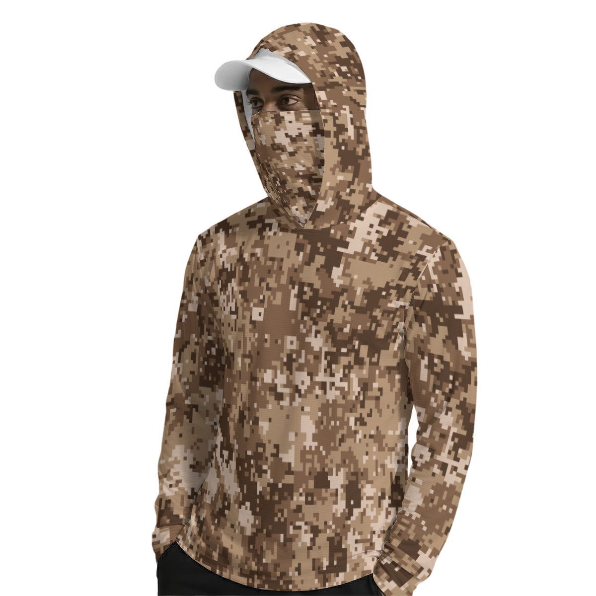 Desert Camouflage Pixel Print Men’s Sun Protection Hoodie with Face Cover and Thumb Holes