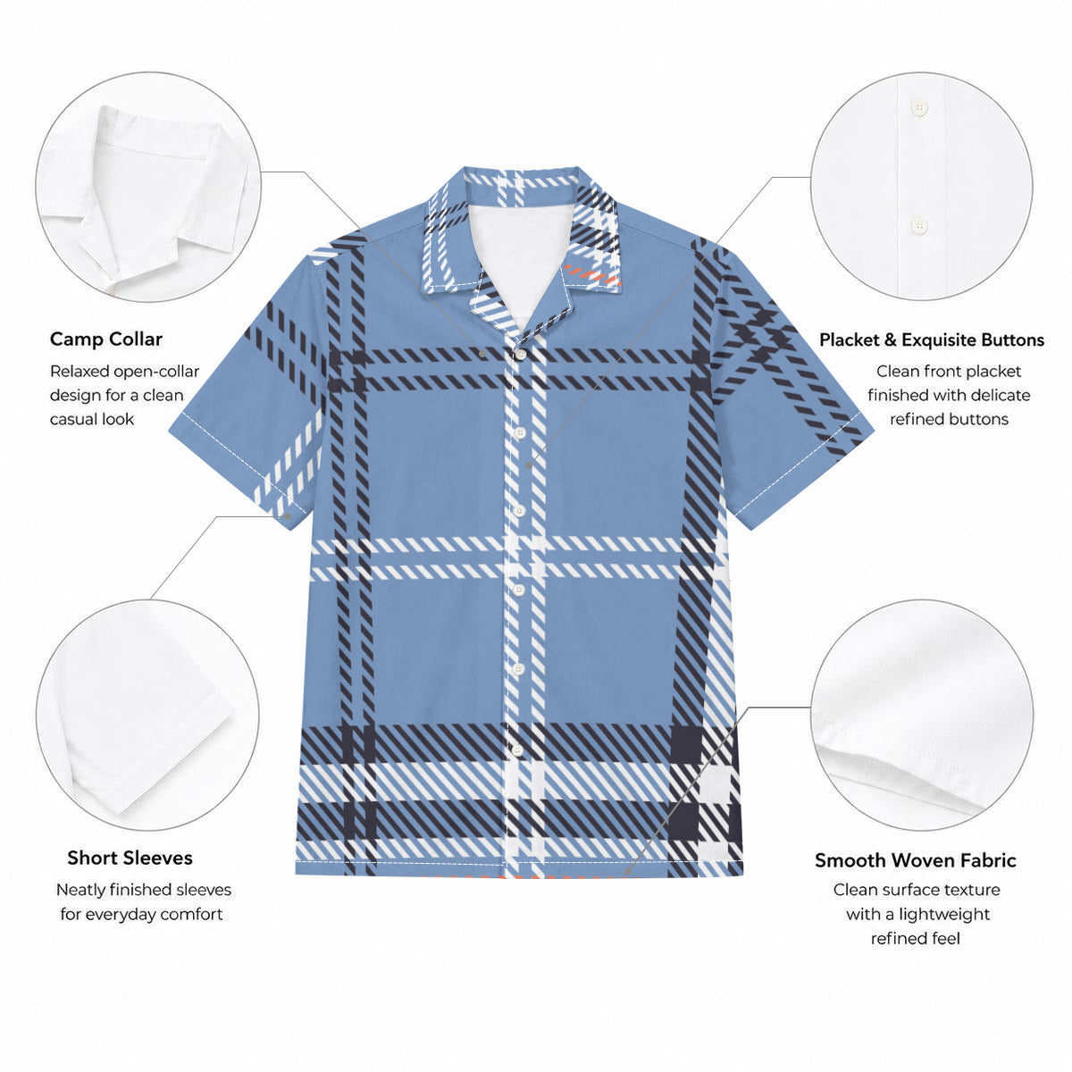 Light Blue Tartan Print Men's Hawaiian-Style Cotton Shirt |115GSM Cotton poplin