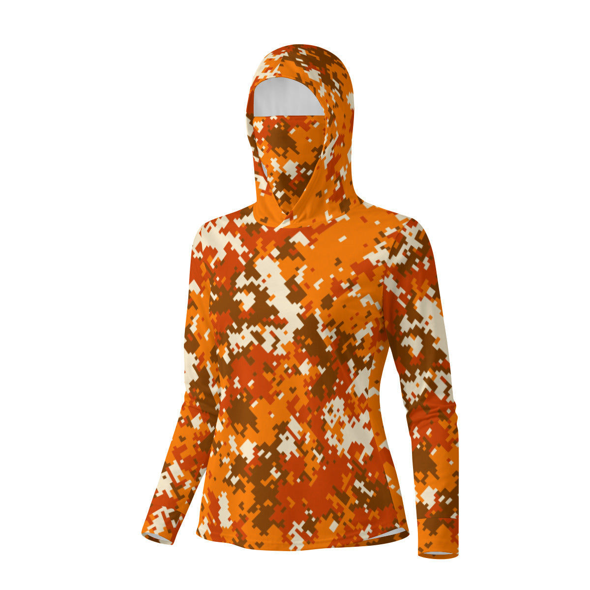 High-Viz Orange Pixel Camoflage Print Women’s UV-Resistant Hooded shirt w/retractable face mask