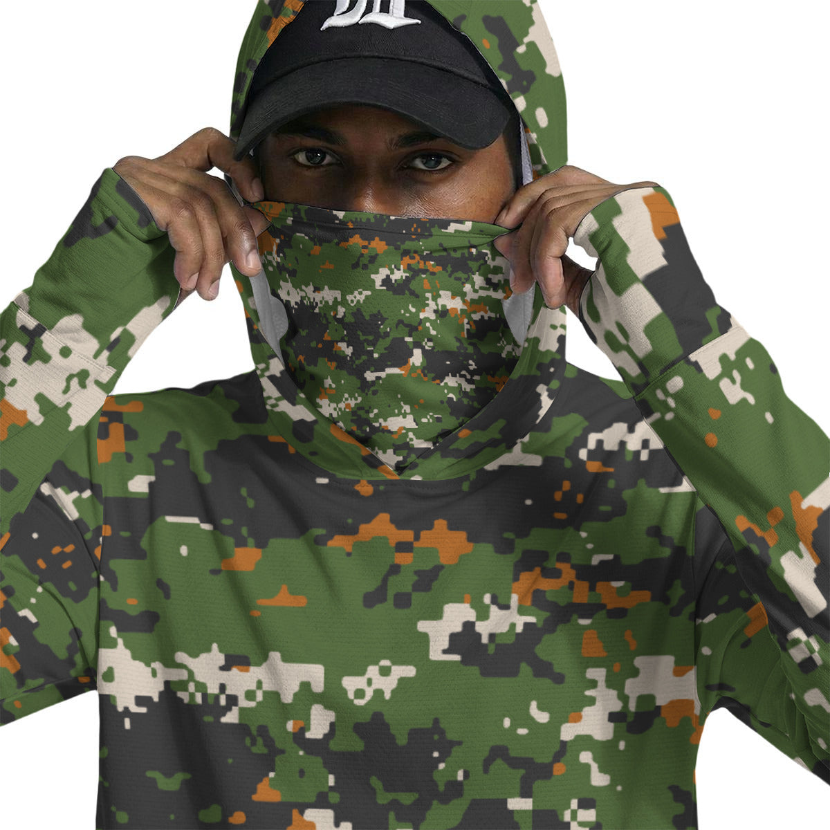 Green Forest Pixel Print Camouflage Men’s UPF-50 Sun Protection Hoodie with Face Cover