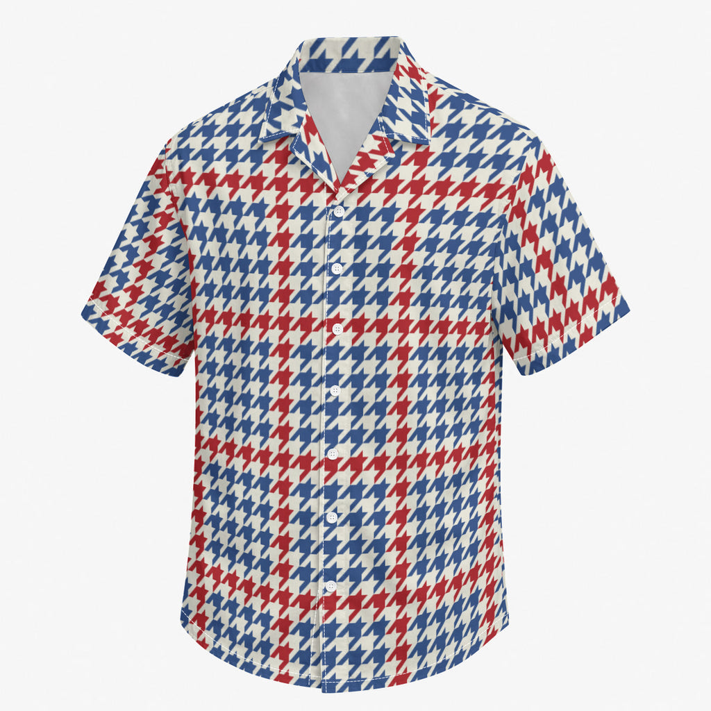 Blue and Orange Houndstooth Print Men's Hawaiian Style Shirt |115GSM Cotton poplin