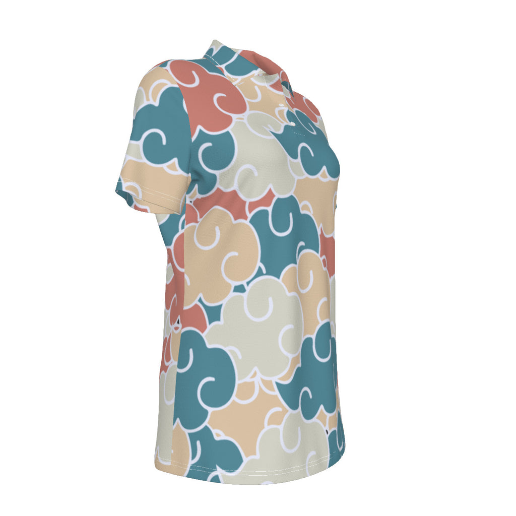 Multi-color Asian Clouds Print Women's UV Protection POLO Shirt-Earthtone