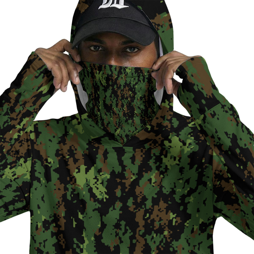 Green Deep Forest Camouflage Print Men’s UPF-50+Sun Protection Hoodie with Face Cover