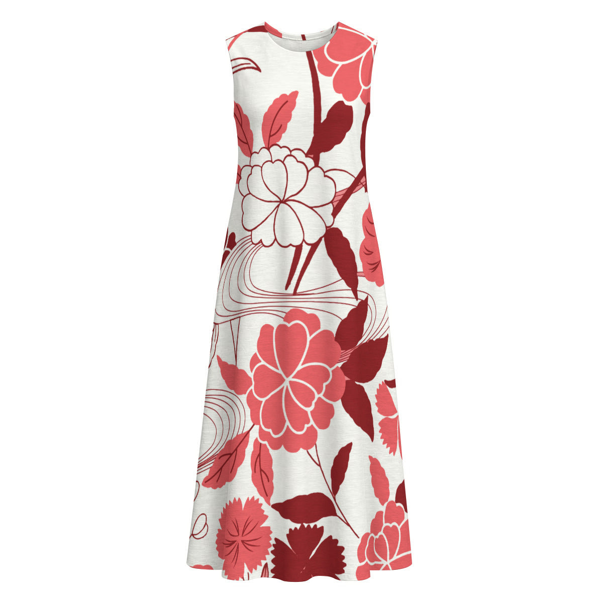 Red and White Floral Print 100% Cotton Women's Sleeveless Dress With Pocket|125GSM Slub Cotton