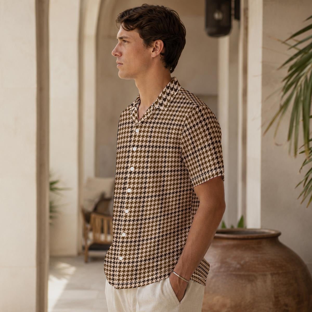 Sandstone Houndstooth Men's Hawaiian Shirt |115GSM Cotton poplin