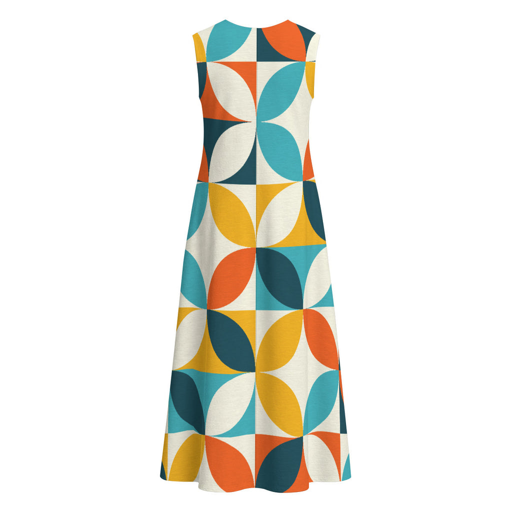 All-Cotton Retro-print Women's Sleeveless Dress With Pocket|125GSM Slub Cotton