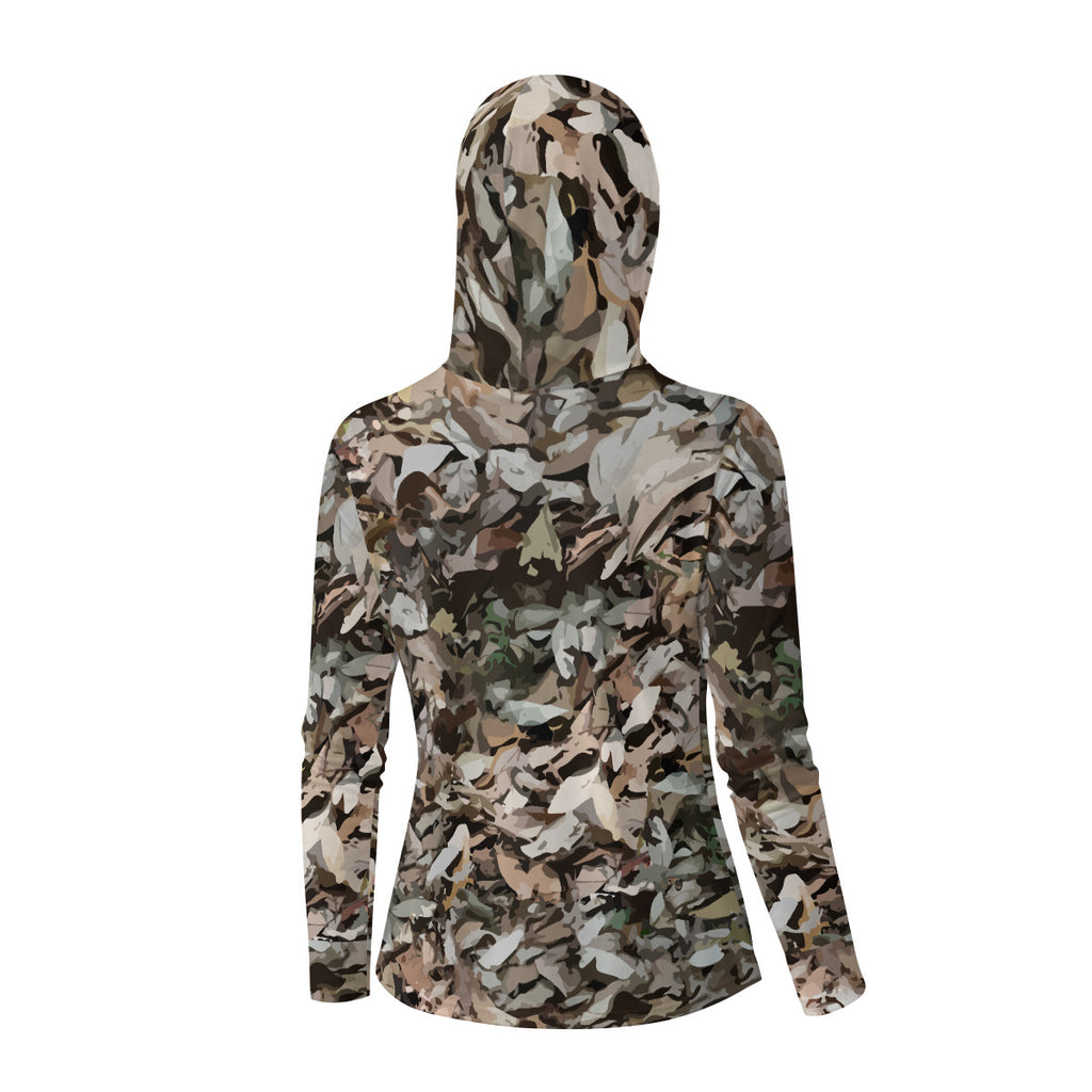 Leafy Forest Camouflage Print Women’s UV-Resistant Hooded Shirt w/Retractable Facemask
