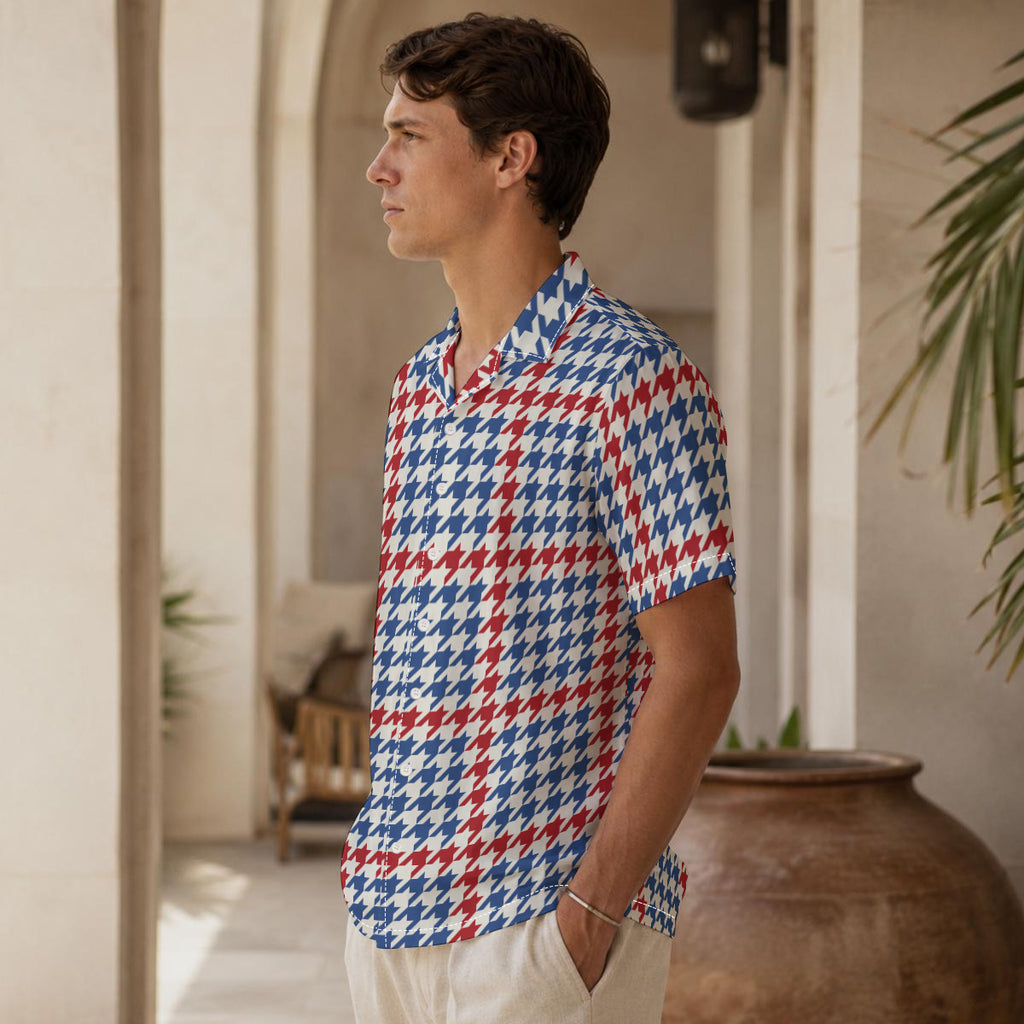 Blue and Orange Houndstooth Print Men's Hawaiian Style Shirt |115GSM Cotton poplin