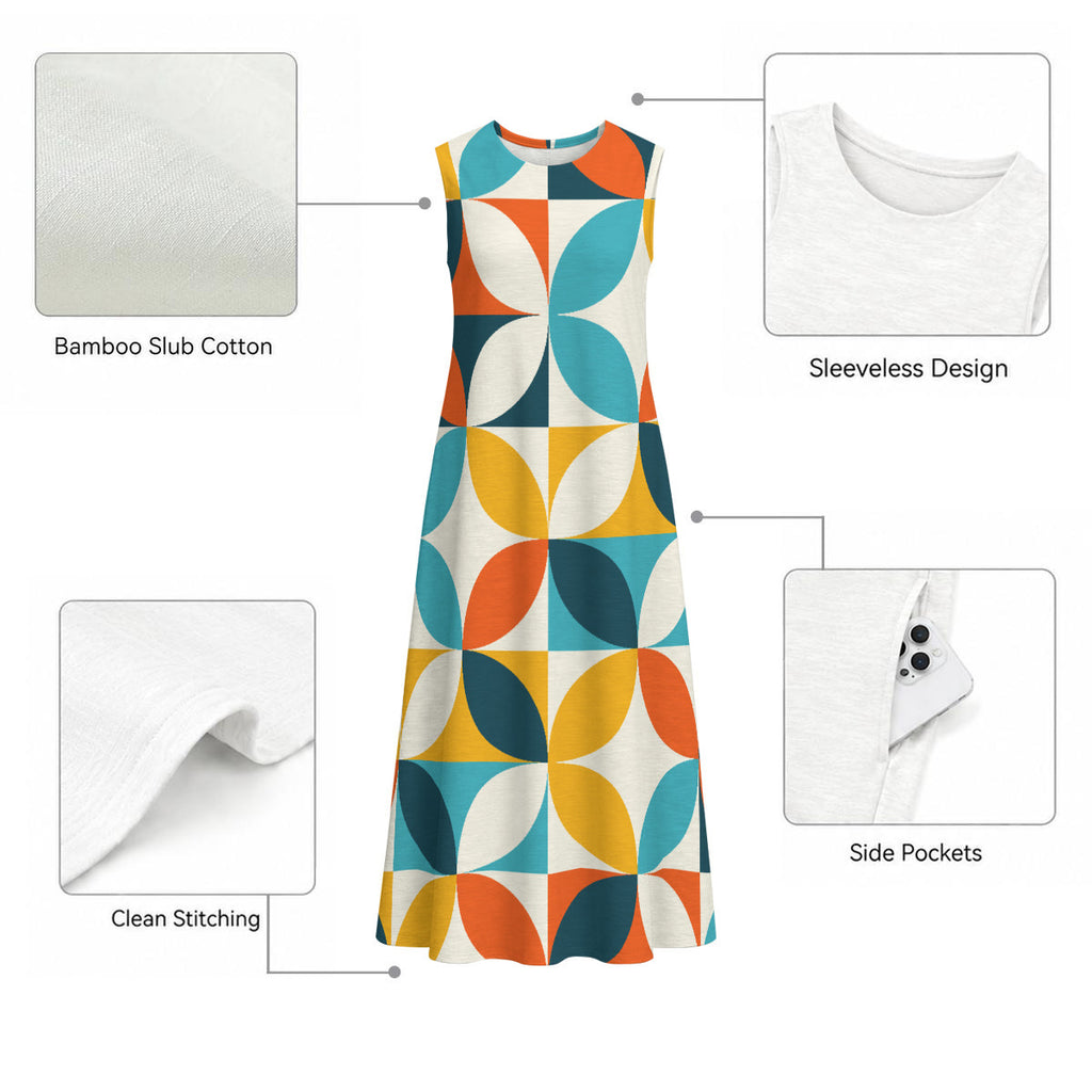 All-Cotton Retro-print Women's Sleeveless Dress With Pocket|125GSM Slub Cotton