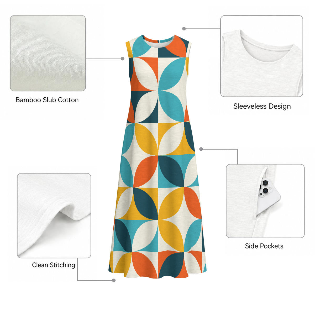 All-Cotton Retro-print Women's Sleeveless Dress With Pocket|125GSM Slub Cotton