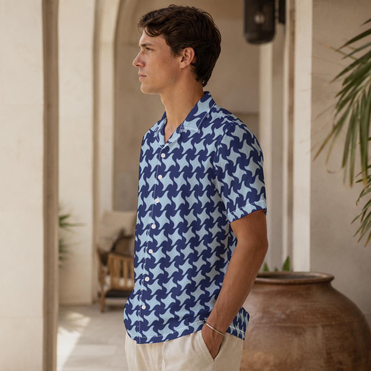 Blue on Blue Houndstooth Print Men's Hawaiian Shirt |115GSM Cotton poplin