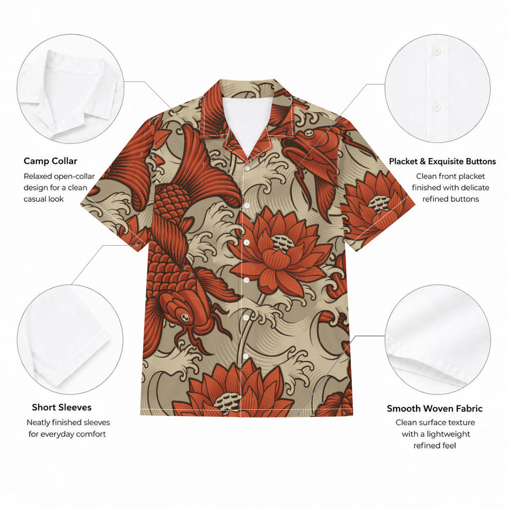 Orange and Cream Japanese Koi Print Men's Hawaiian Shirt |115GSM Cotton poplin
