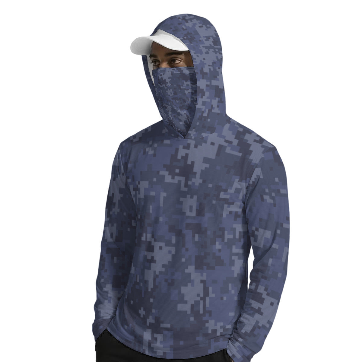 Navy Pixel Print Camouglage Men’s Sun Protection Hoodie with Face Cover and Thumb Holes