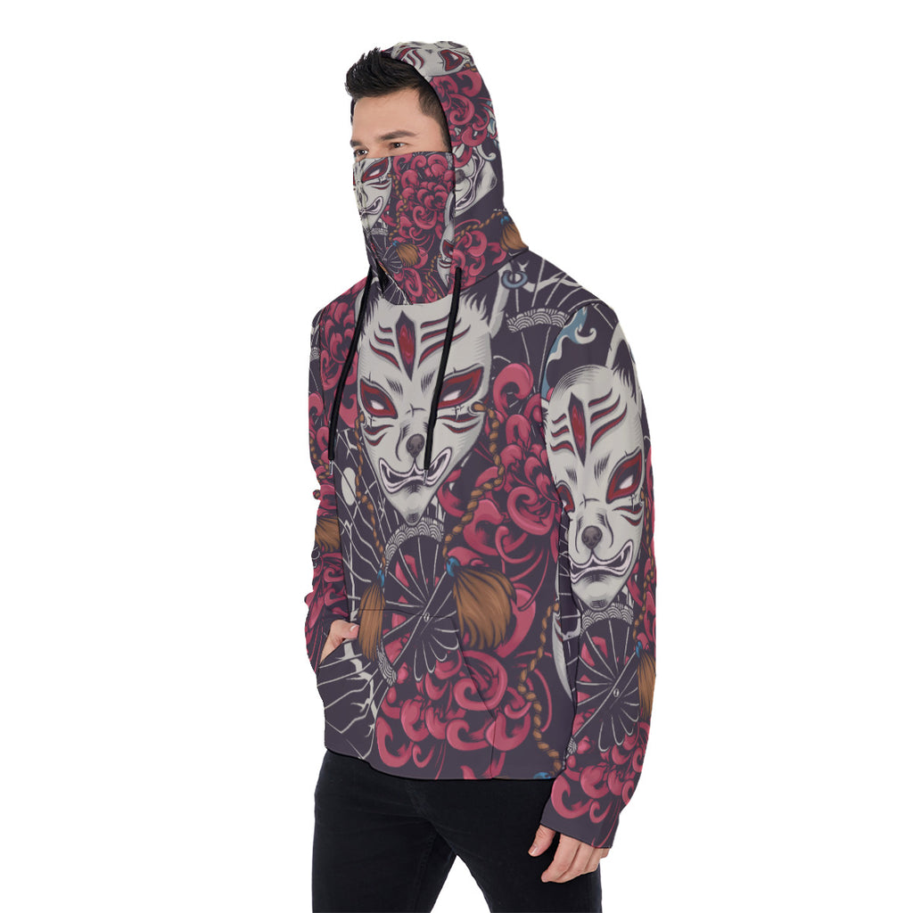Full Body Japanese Tattoo Print Men's Heavyweight Fleece Hoodie With Retractable Face Mask