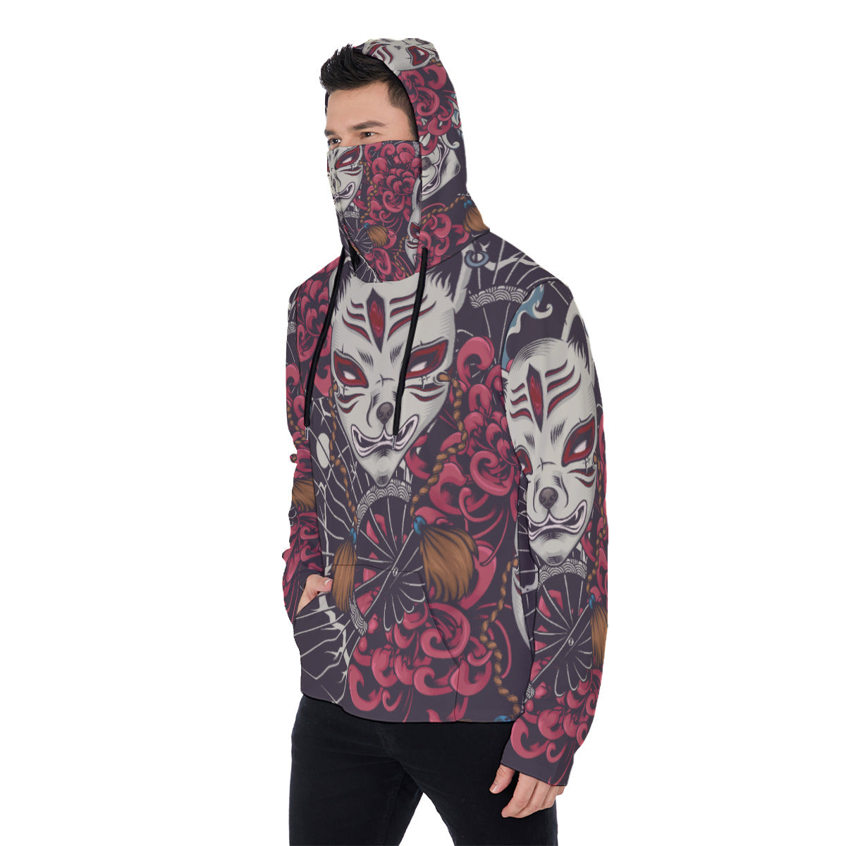 Full Body Japanese Tattoo Print Men's Heavyweight Fleece Hoodie With Retractable Face Mask