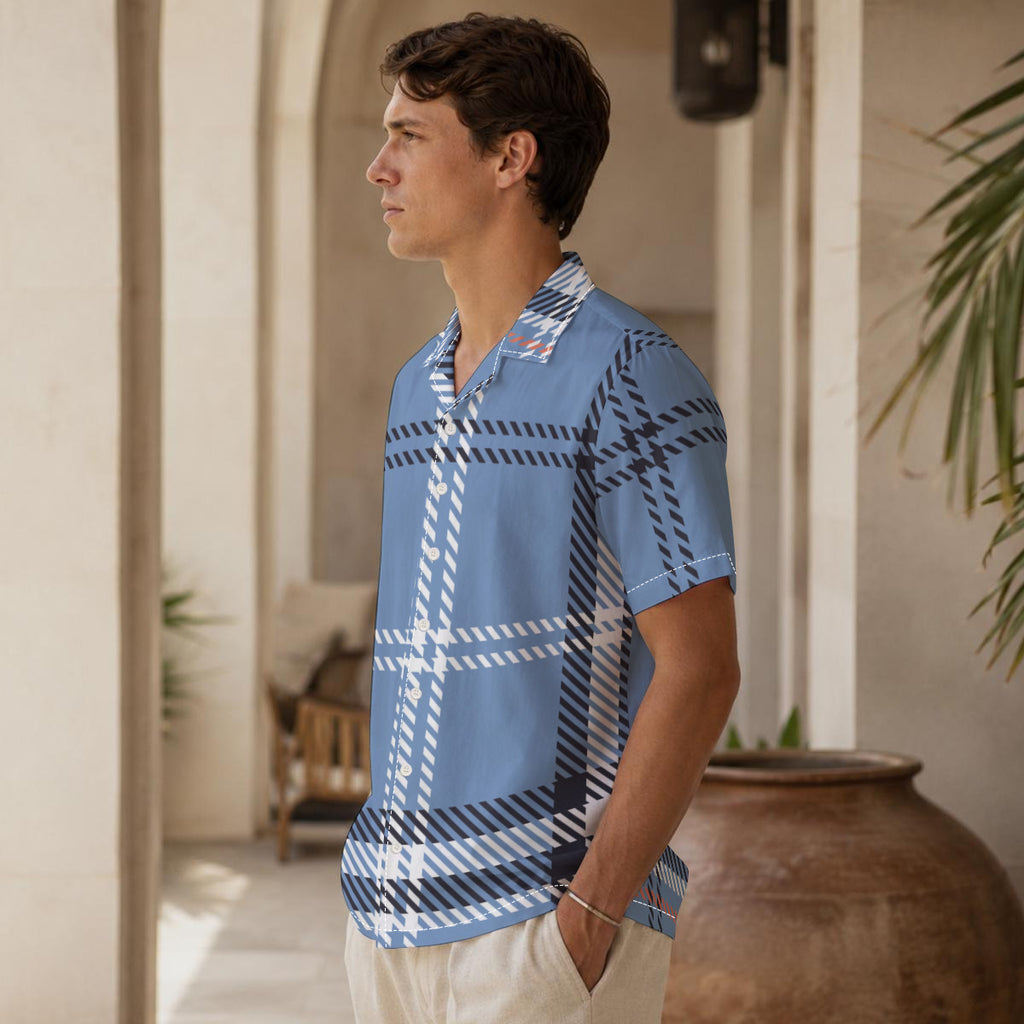Light Blue Tartan Print Men's Hawaiian-Style Cotton Shirt |115GSM Cotton poplin