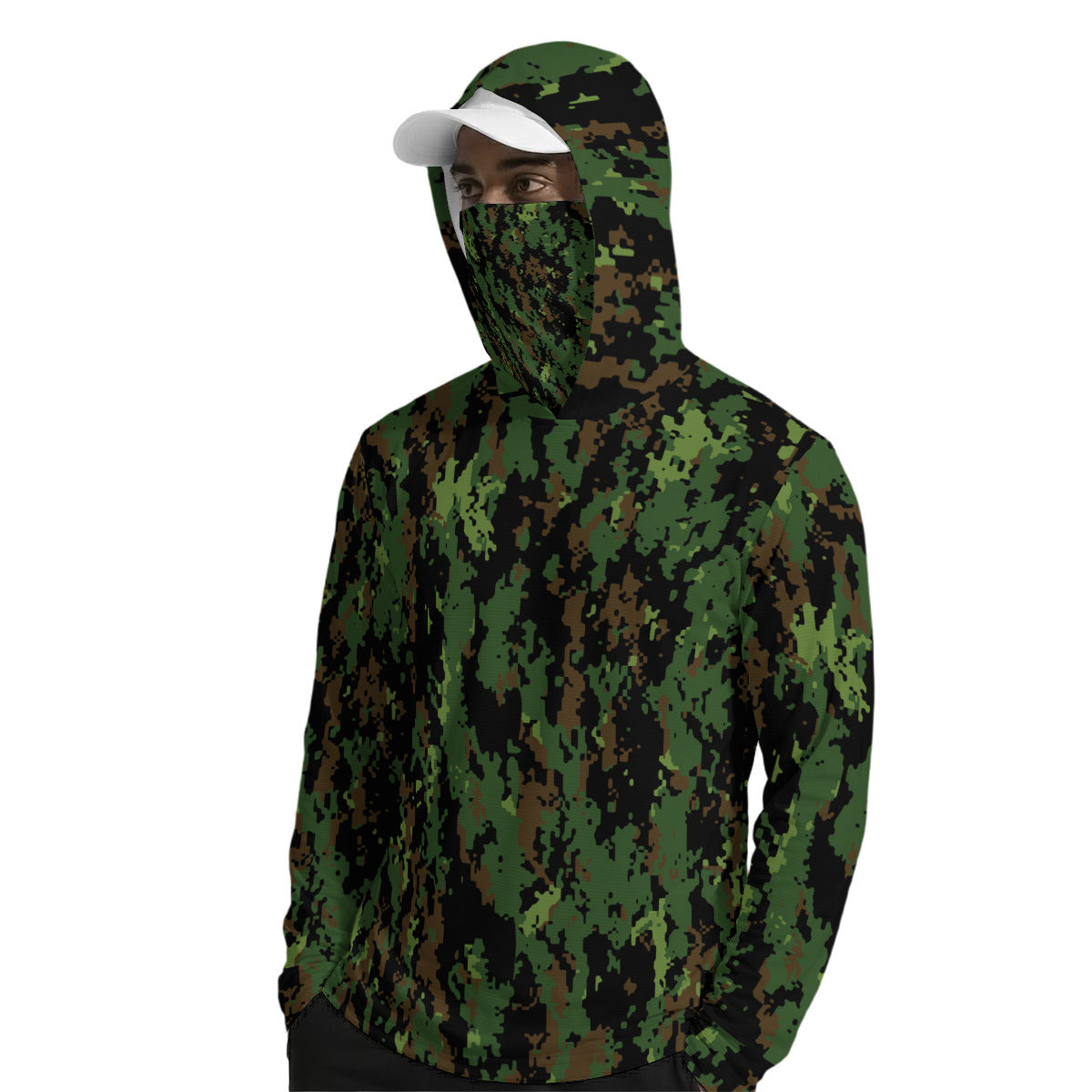 Green Deep Forest Camouflage Print Men’s UPF-50+Sun Protection Hoodie with Face Cover