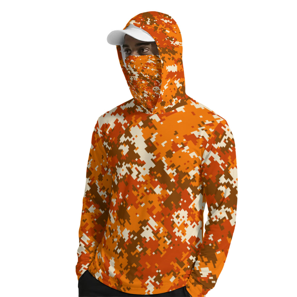 Hi-Visibility Orange Camouflage Print Men’s UPF-50 Sun Protection Hoodie with Face Cover