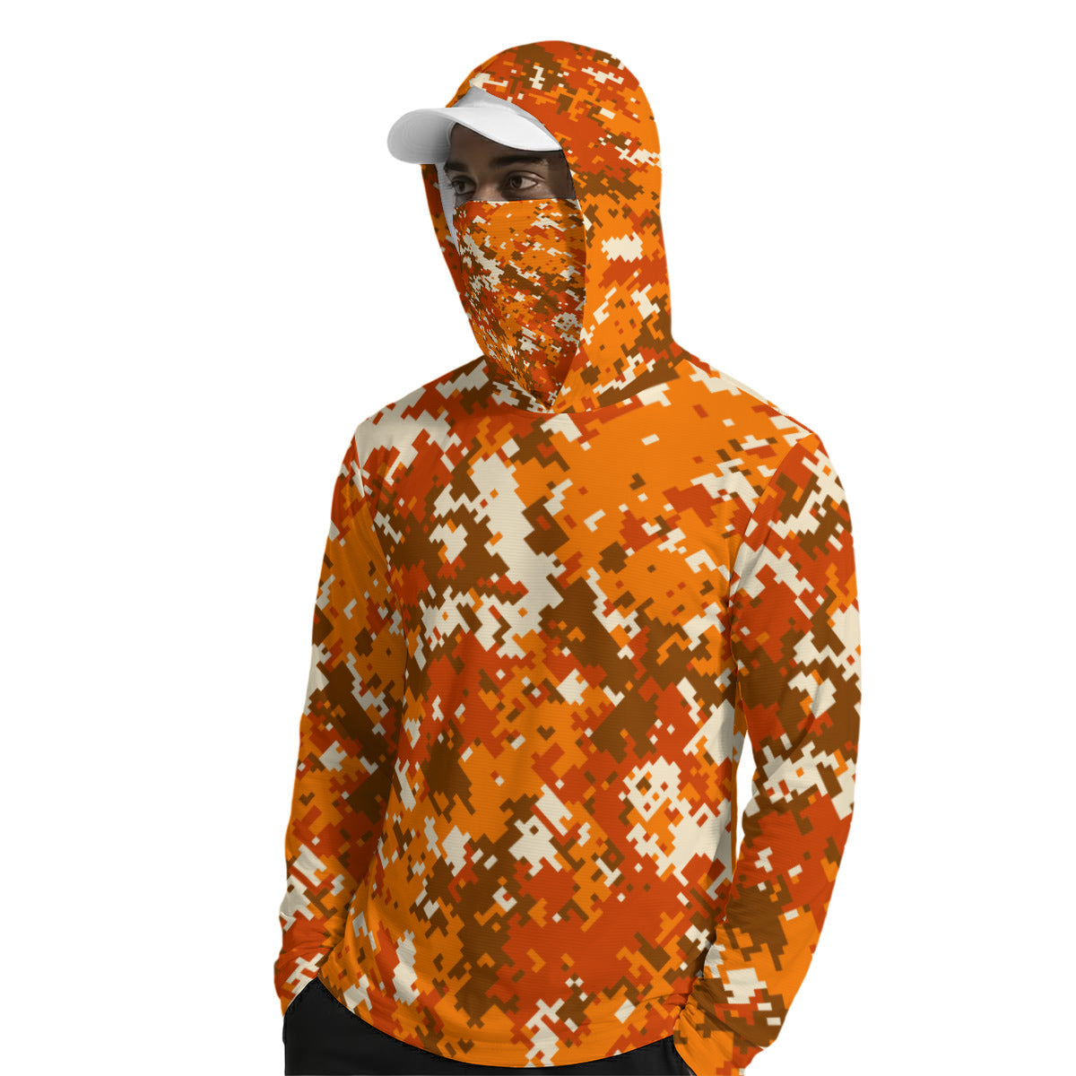 Hi-Visibility Orange Camouflage Print Men’s UPF-50 Sun Protection Hoodie with Face Cover