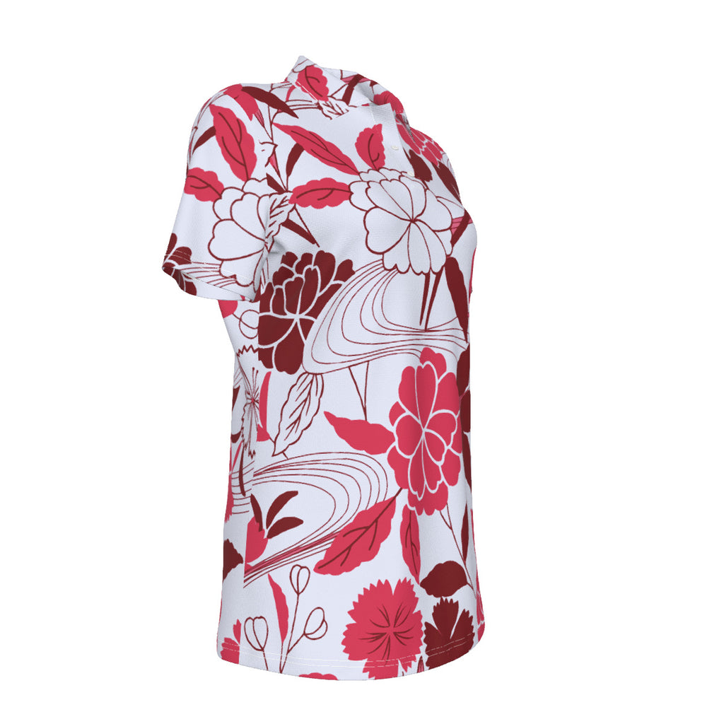 Red, white and burgundy floral Print Women's UV Protection POLO Shirt