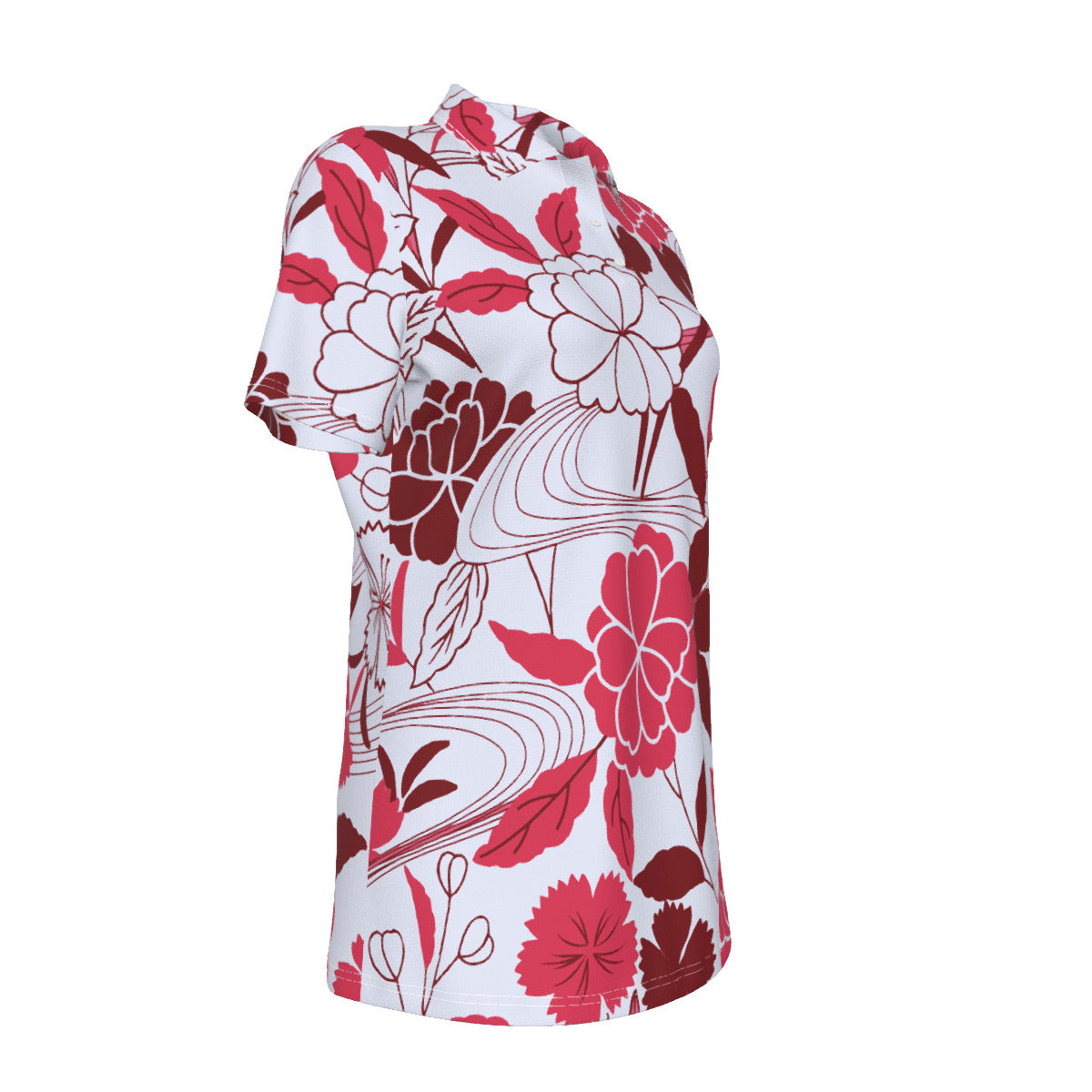 Red, white and burgundy floral Print Women's UV Protection POLO Shirt