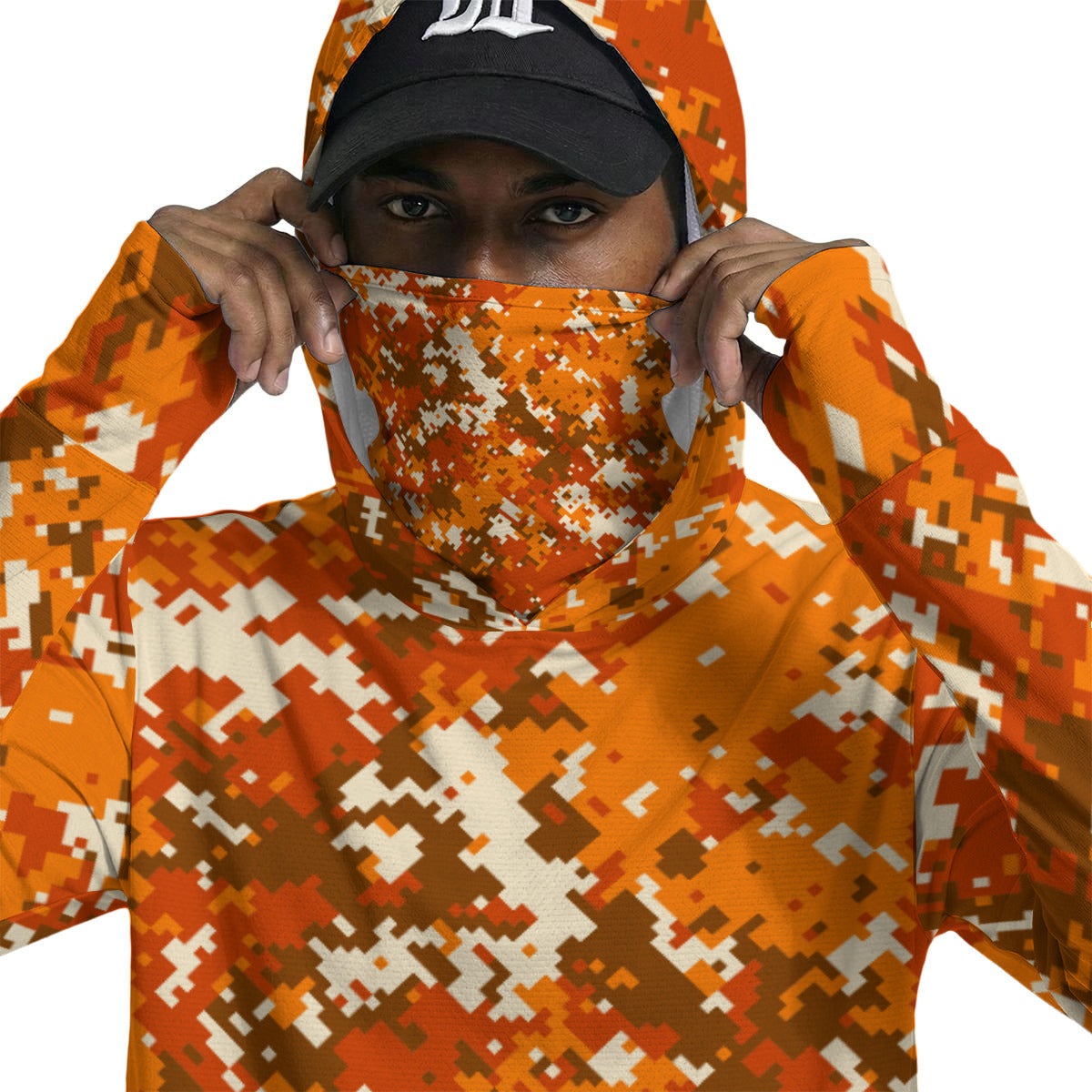Hi-Visibility Orange Camouflage Print Men’s UPF-50 Sun Protection Hoodie with Face Cover