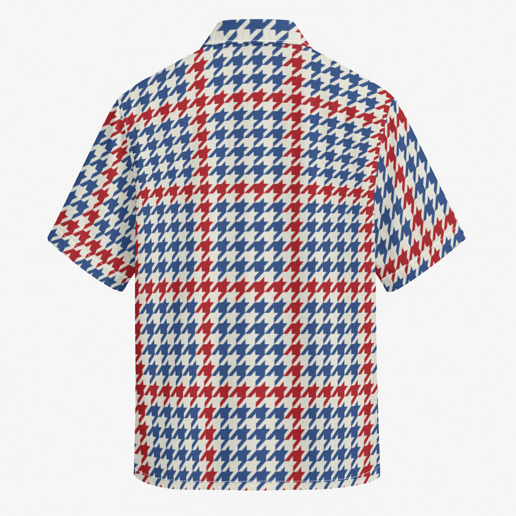 Blue and Orange Houndstooth Print Men's Hawaiian Style Shirt |115GSM Cotton poplin