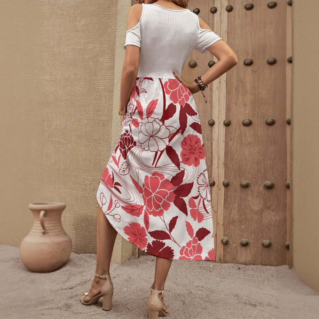 Women's V-neck Off-shoulder Dress with Floral Print