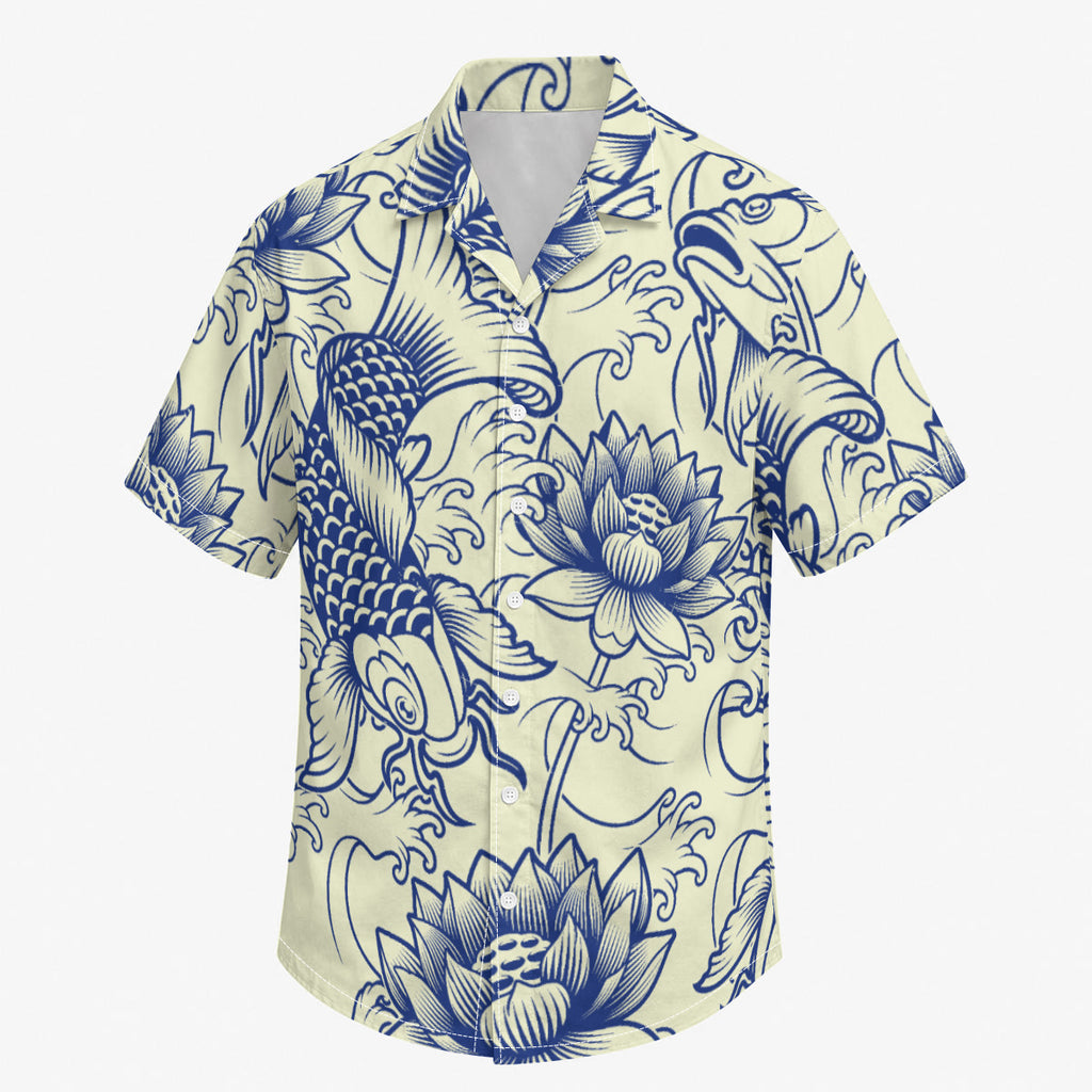 White and Blue Koi Pond Print Men's Hawaiian Shirt |115GSM Cotton poplin