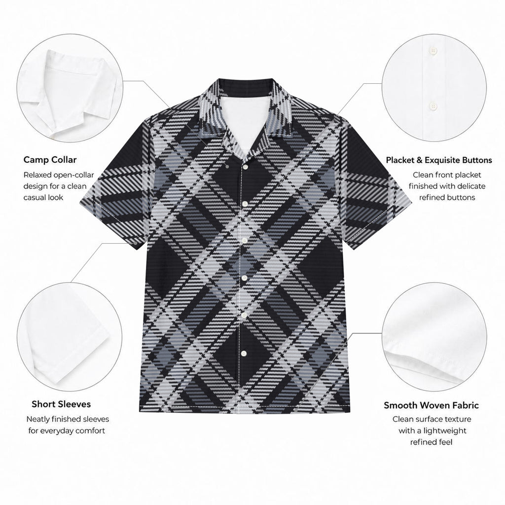 Black and White Diagonal Tartan Print Men's Hawaiian Shirt |115GSM Cotton poplin
