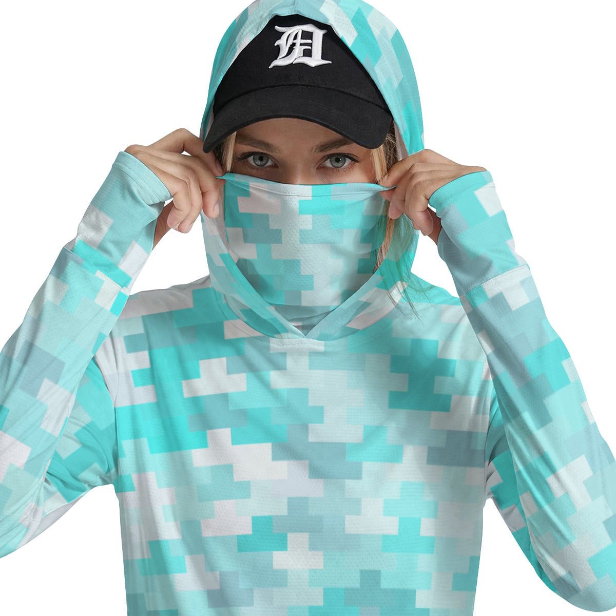 Aquamarine Pixel Print Women’s UV-Resistant Hooded Shirt w/Retractable Face-Cover