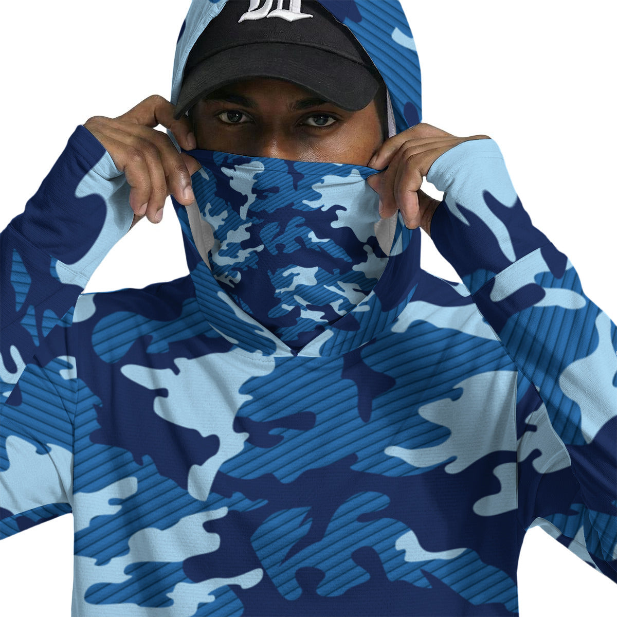 Blue Camouflage Print Men’s Sun Protection UPF-50 Hoodie with Face Cover and Thumb Holes