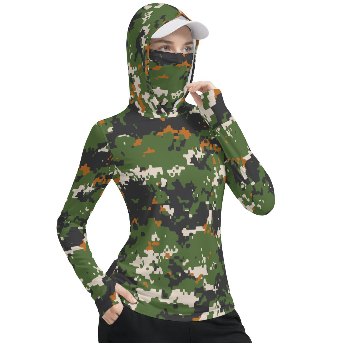 Green Pixel Camoflage Print UV-Resistant Women’s Hooded Shirt w/Retractable Facemask