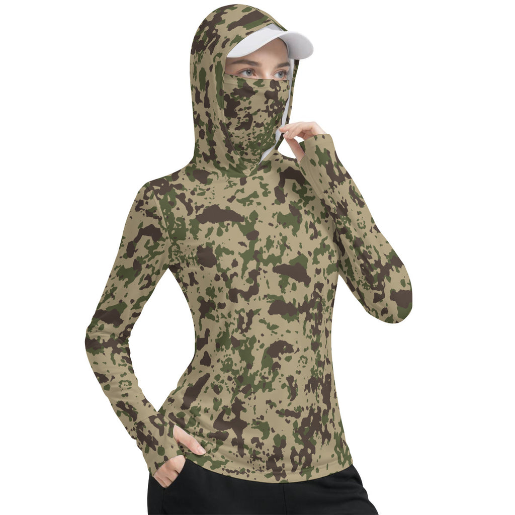 Desert Camouflage Print Women’s UV-Resistant Hooded Shirt w/Retractable Facemask