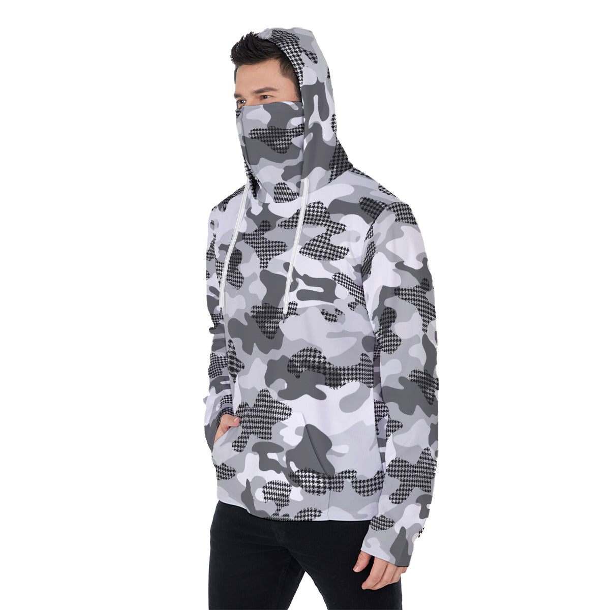 White Camouflage Men's Heavyweight Fleece Hoodie With Retractable Face Mask