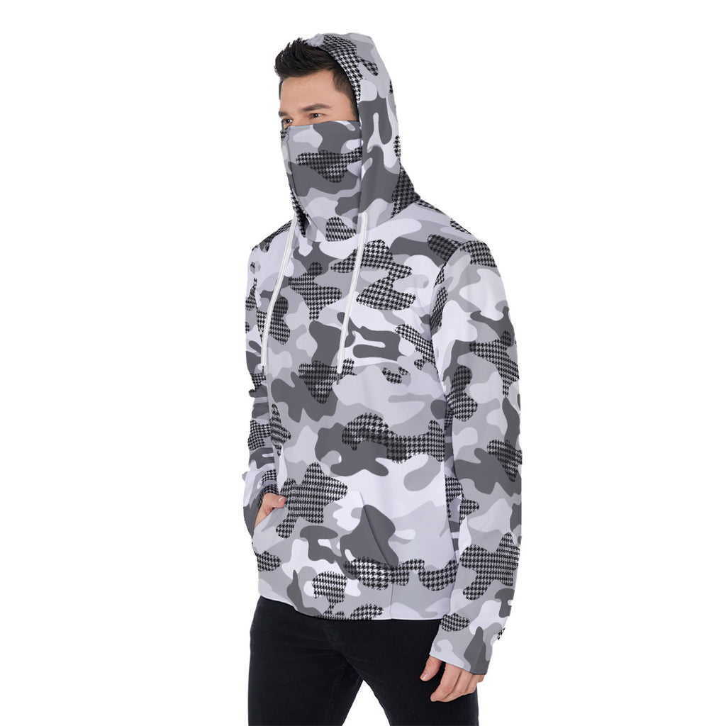 White Gray and Black Camouflage Print Men's Heavyweight Fleece Hoodie With Retractable FaceMask