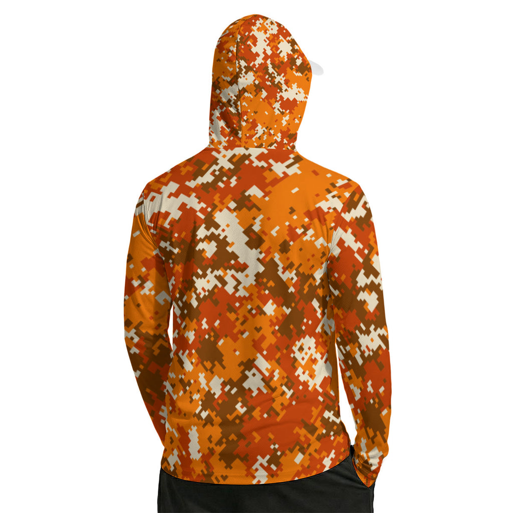 Hi-Visibility Orange Camouflage Print Men’s UPF-50 Sun Protection Hoodie with Face Cover