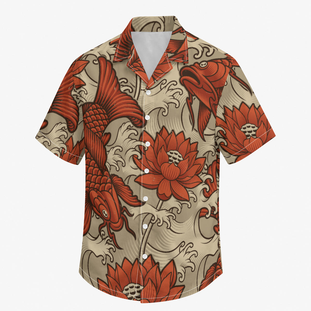 Orange and Cream Japanese Koi Print Men's Hawaiian Shirt |115GSM Cotton poplin