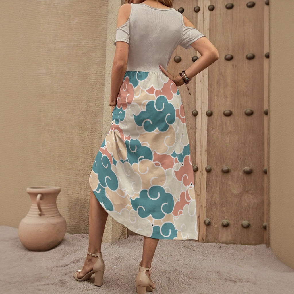 Women's V-neck Off-shoulder Dress With Cloud Accents
