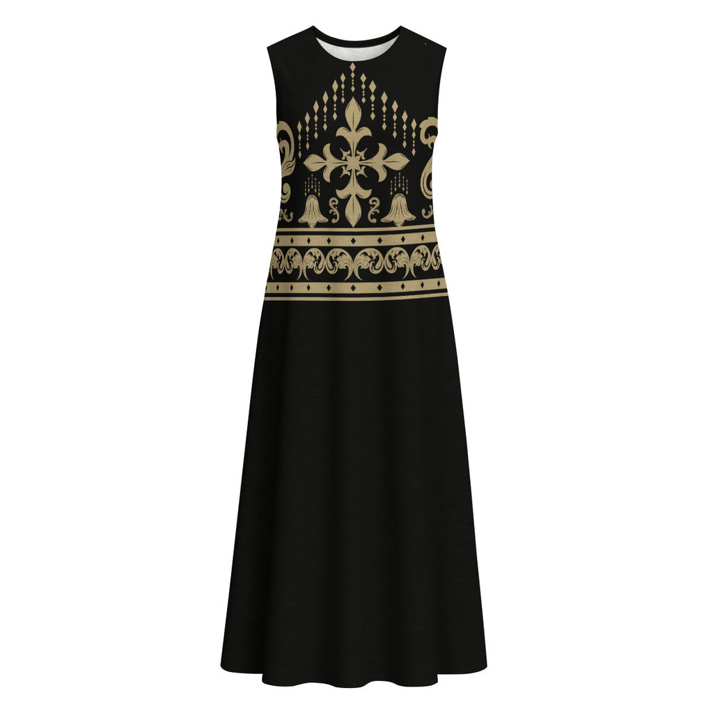 Black Women's Sleeveless 100% Cotton Dress With Gold Accents|125GSM Slub Cotton