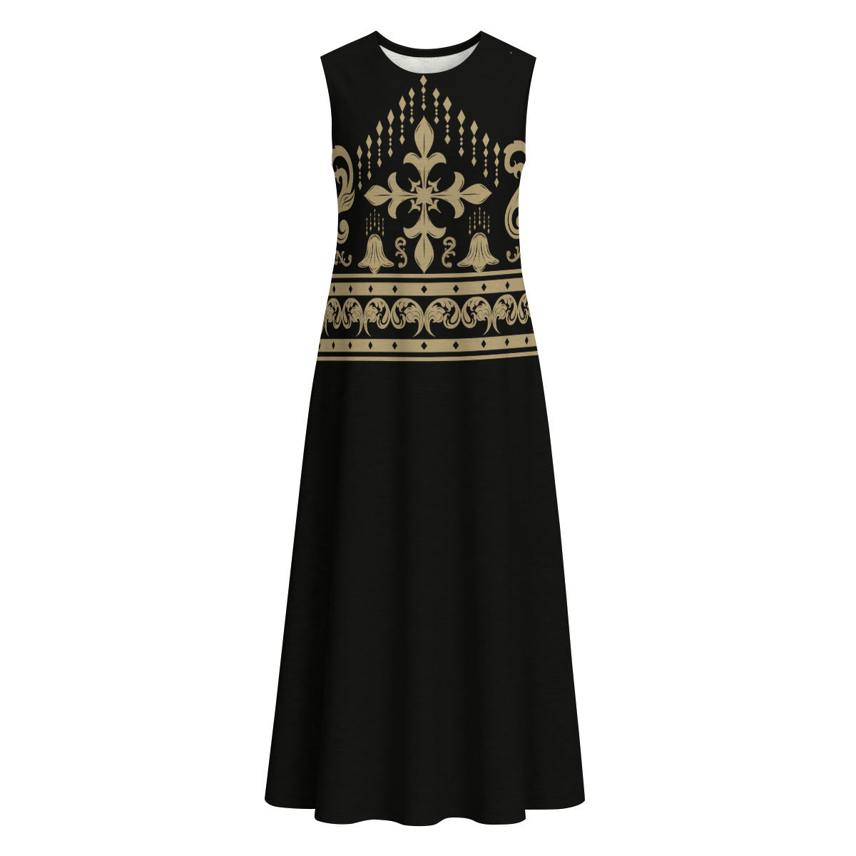Black Women's Sleeveless 100% Cotton Dress With Gold Accents|125GSM Slub Cotton