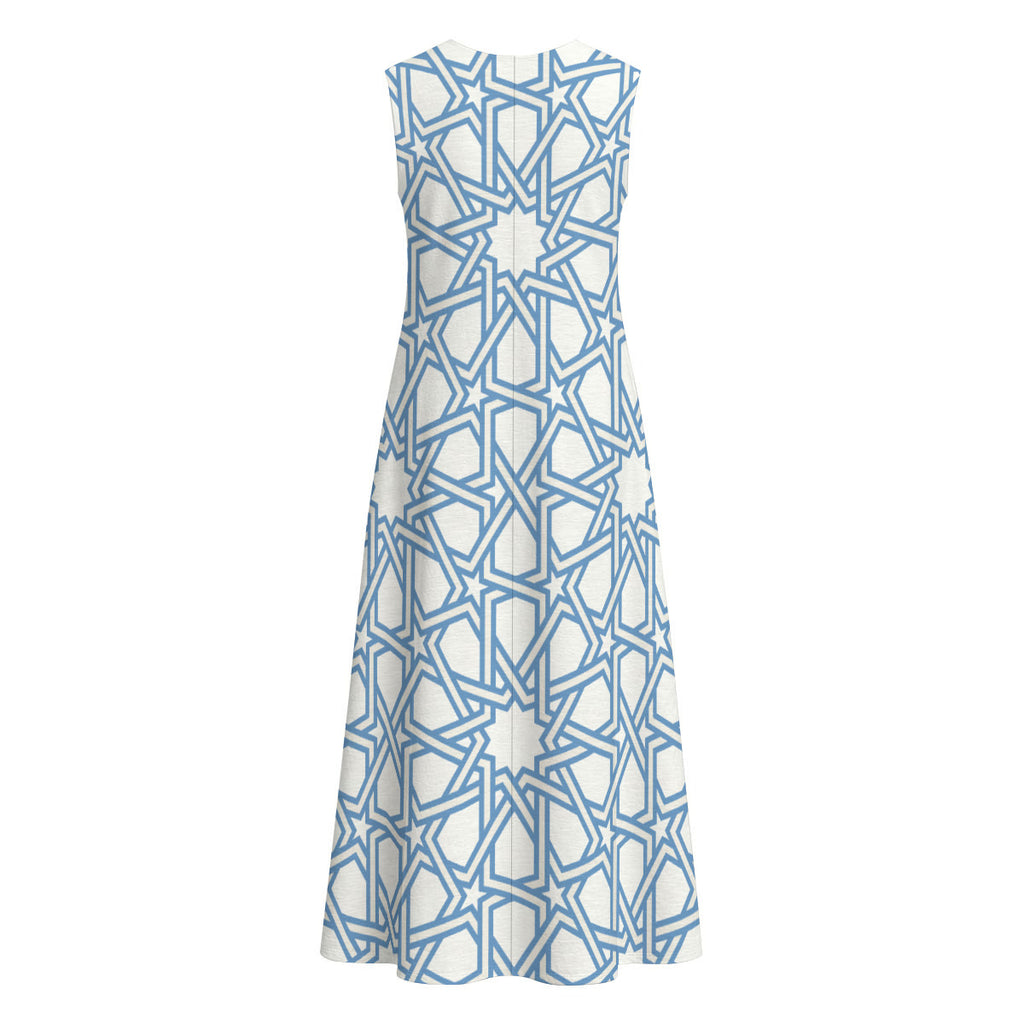 Moorish Tile Print 100% Cotton Women's Sleeveless Dress With Pocket|125GSM Slub Cotton