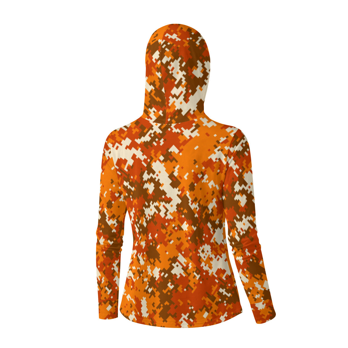 High-Viz Orange Pixel Camoflage Print Women’s UV-Resistant Hooded shirt w/retractable face mask