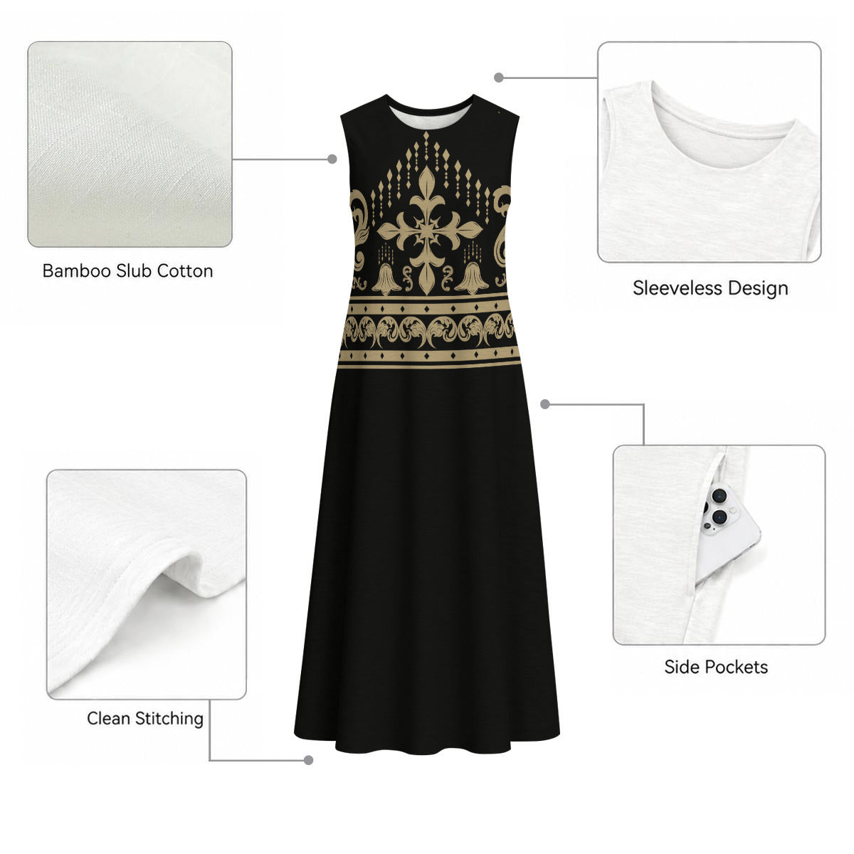Black Women's Sleeveless 100% Cotton Dress With Gold Accents|125GSM Slub Cotton