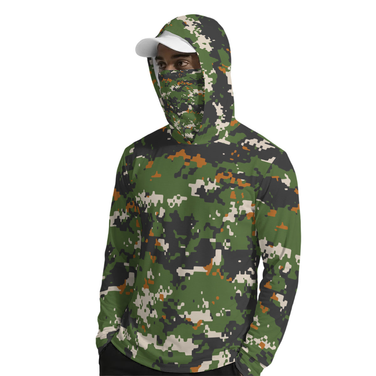 Green Forest Pixel Print Camouflage Men’s UPF-50 Sun Protection Hoodie with Face Cover