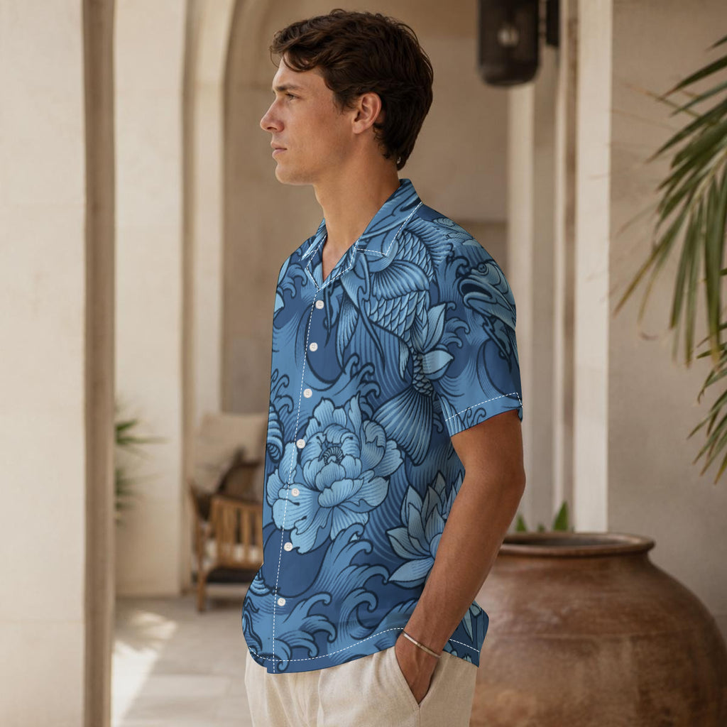 Blue Koi Pond Print Men's Hawaiian Shirt |115GSM Cotton poplin