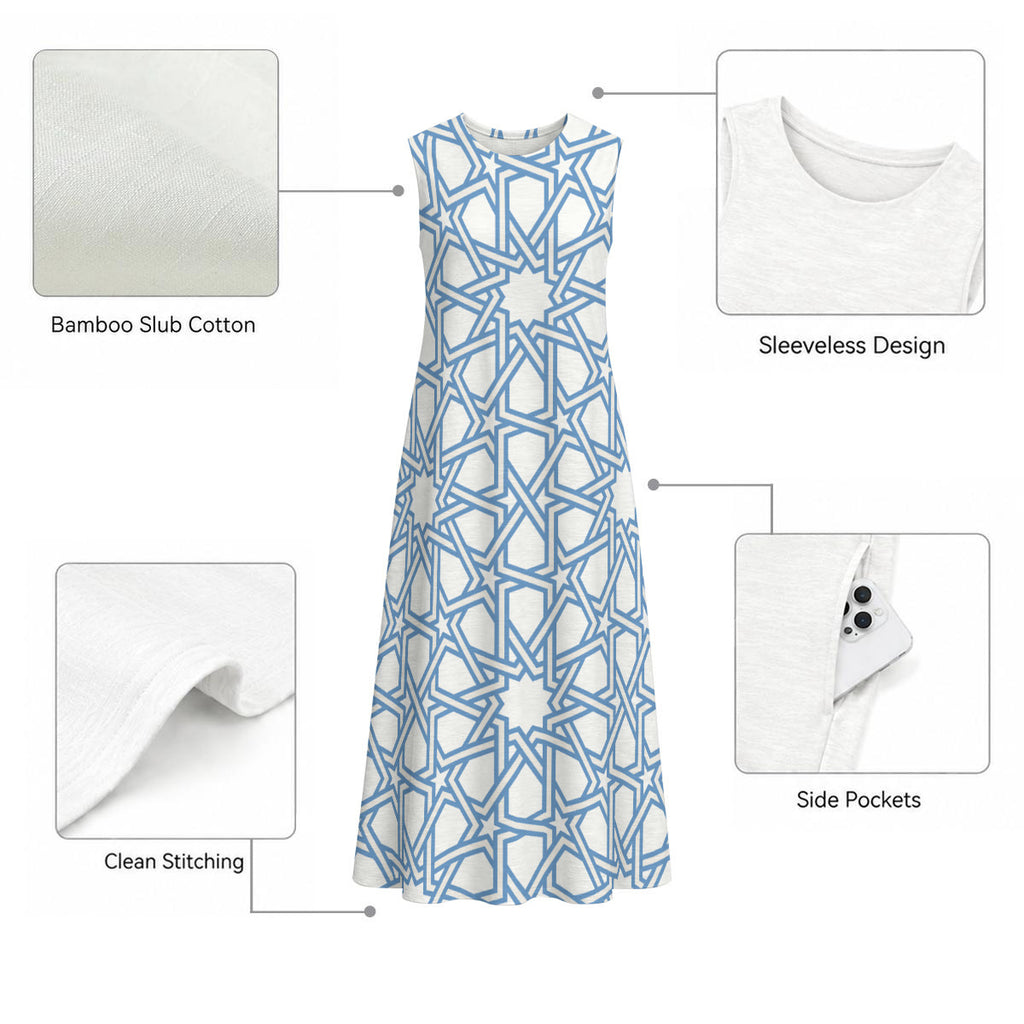 Moorish Tile Print 100% Cotton Women's Sleeveless Dress With Pocket|125GSM Slub Cotton