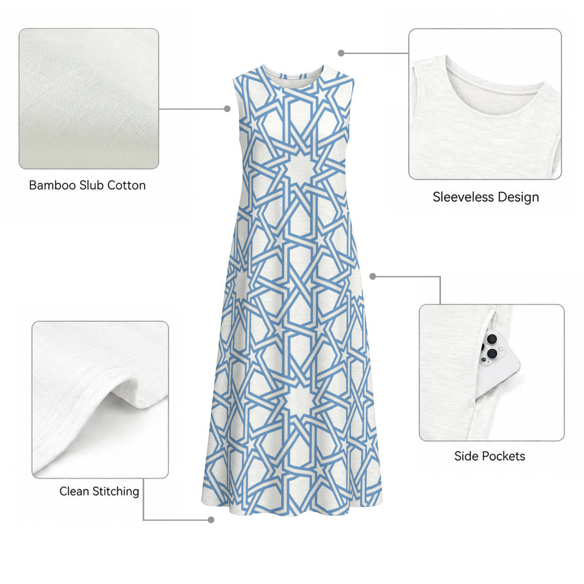 Moorish Tile Print 100% Cotton Women's Sleeveless Dress With Pocket|125GSM Slub Cotton