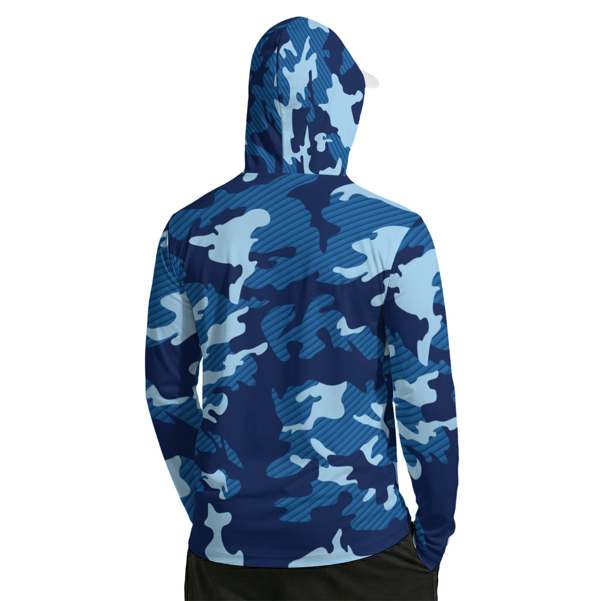 Blue Camouflage Print Men’s Sun Protection UPF-50 Hoodie with Face Cover and Thumb Holes