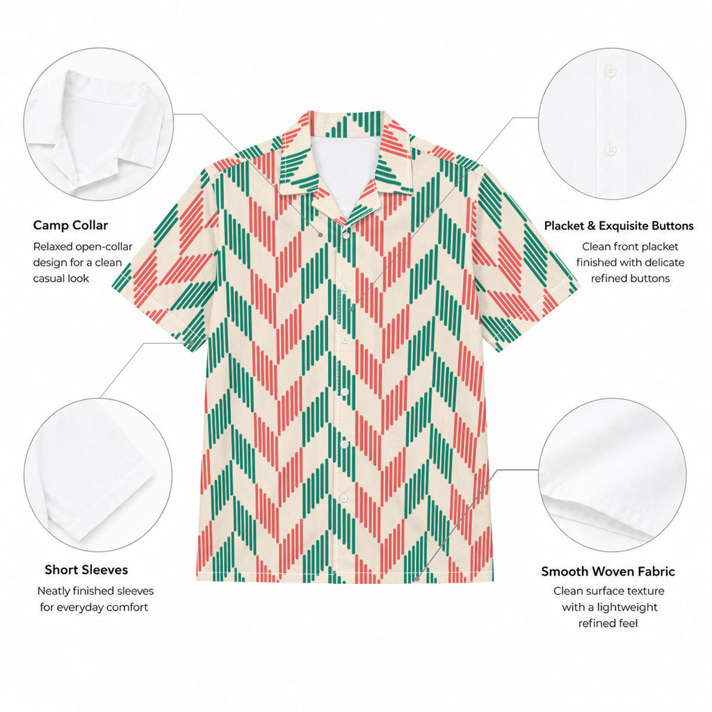 Green and Red Feathe Print Men's Cotton Hawaiian-Style Shirt |115GSM Cotton poplin